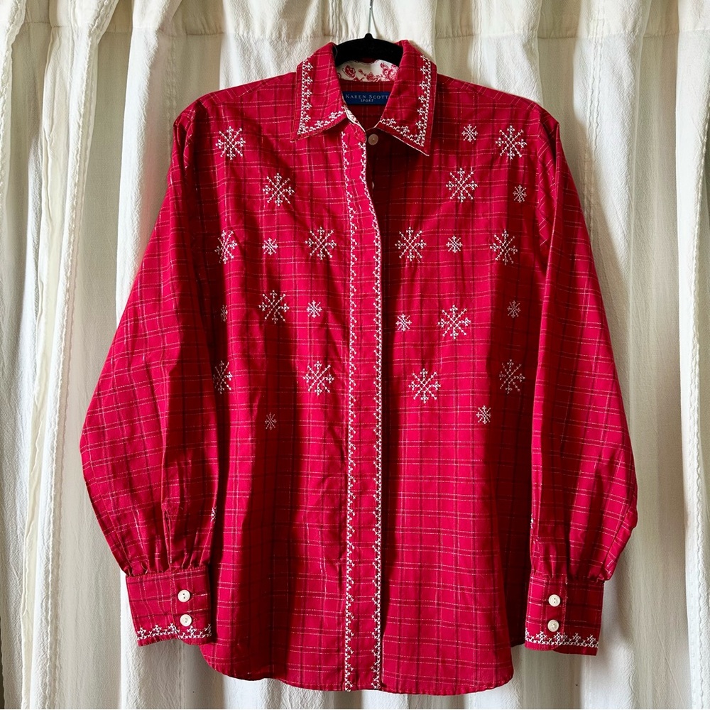 VINTAGE KAREN SCOTT Red Snowflake Christmas Top